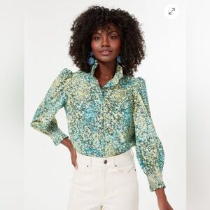 Tuckernuck Blue-Green Floral Puff-Sleeve Button Blouse